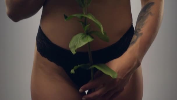 Woman in green lingerie with flower — Stock Video