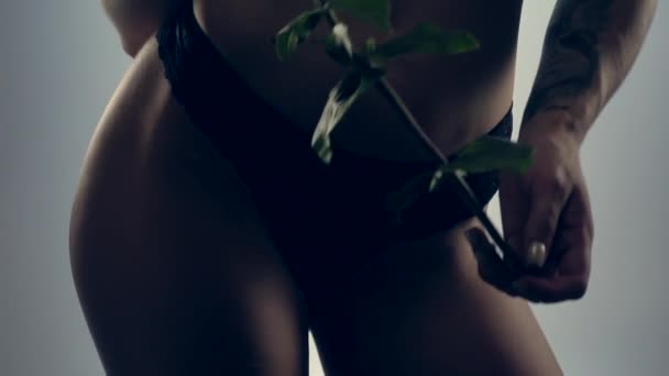 Žena v černém prádle s květinou — Stock video