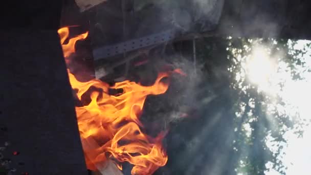 Пламя огня в гриле, вертикальное видео — стоковое видео