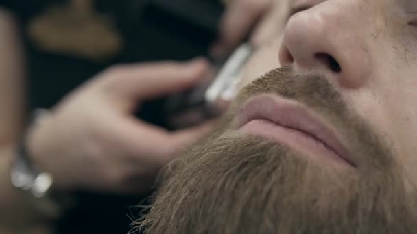 Knappe Man Met Een Baard Kapperszaak Slow Motion 50Fps Tot — Stockvideo