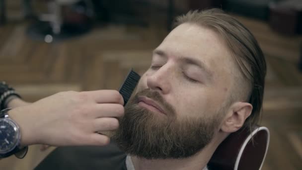 理发店里年轻英俊的大胡子男人慢动作50到25英尺每秒 胡子梳理 — 图库视频影像