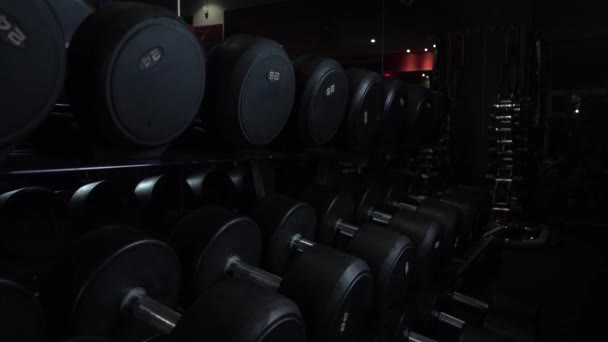 Rack Dumbbells Gym Shallow Depth Field — Stock Video