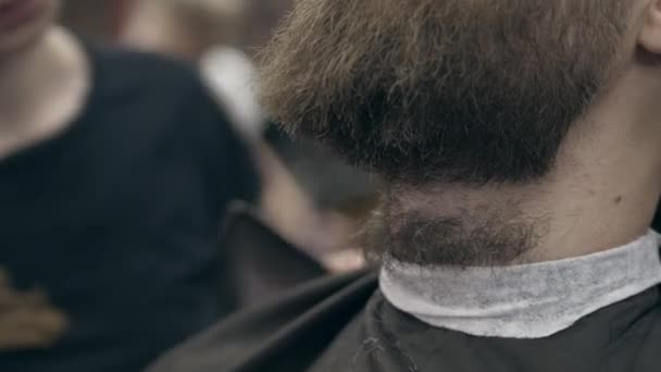 Joven Hombre Barbudo Guapo Barbería Primer Plano Recorte Barba Poca — Vídeo de stock