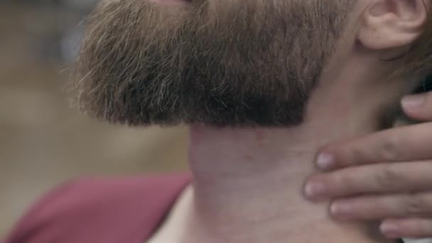 Young Handsome Bearded Man Barbershop Shallow Depth Field Massage Neck — ストック動画