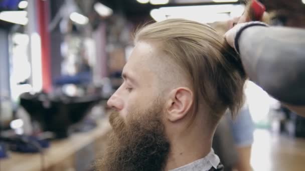 年轻英俊的大胡子男人在理发店 浅浅的田野深处 头发修整 — 图库视频影像