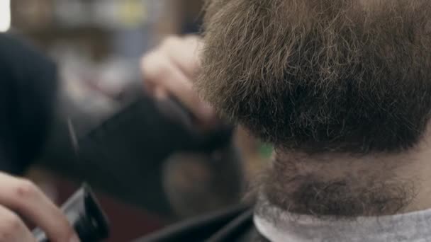 年轻英俊的大胡子男子在理发店 关闭胡子修剪 浅浅的田野深度 — 图库视频影像
