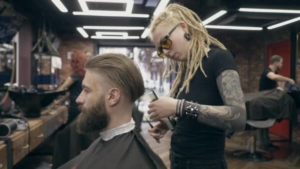 Handsome Bearded Man Styling Young Woman Dreadlocks Slow Motion Hair — Stock Video