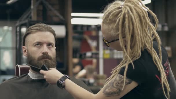 ドレッドロック スローモーションで若い女性によってハンサムな髭の男のスタイリング ひげ分析 — ストック動画