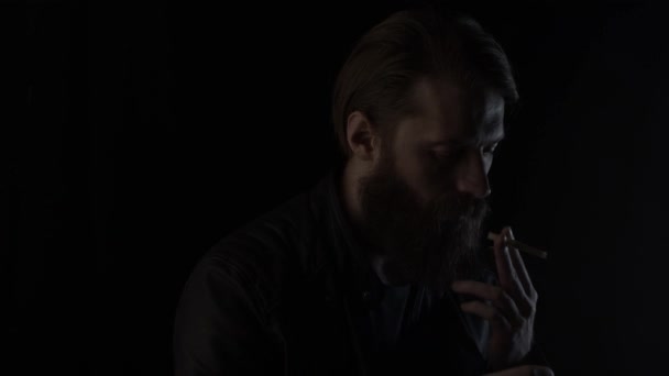 Smoking Bearded Man Black Light Cigarette Match Slow Motion — Stock Video