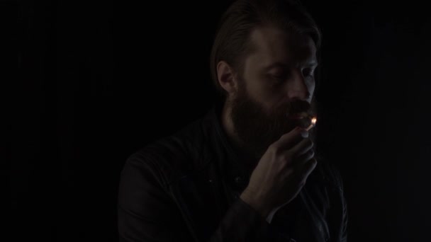 Smoking Bearded Man Black Light Cigarette Match Slow Motion — Stock Video