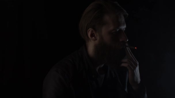 Smoking Drinking Bearded Man Black Slow Motion — Stock Video