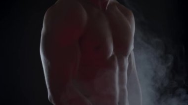Bisepslerini gösteren dumandaki genç ve zinde bir adamın silueti. Yavaş çekim, dikey döndürme