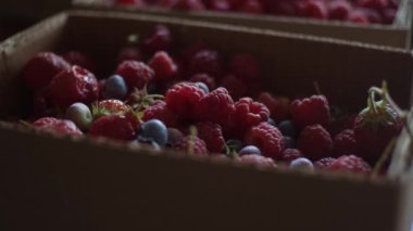 Karton kutuda çeşitli meyveler var.