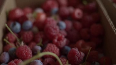 Karton kutuda çeşitli meyveler var.