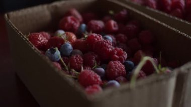 Karton kutuda çeşitli meyveler var.