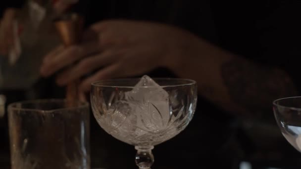 Kokteyl Bardağında Buz Arka Planda Barmenin Alkol Koyduğu Sürgülü Shot — Stok video