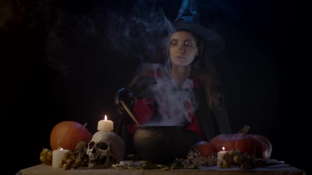 Genç Cadı Buharlı Kazanda Bir Şeyler Karıştırıyor Ağır Çekimde — Stok video