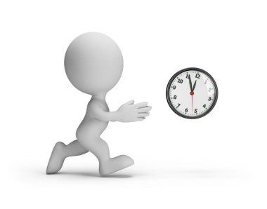 3d adam zaman yakalamak çalışıyor. 3D görüntü. Beyaz arka plan.