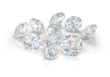 Bir sürü güzel elmas. 3 boyutlu görüntü. Hafif arkaplan.