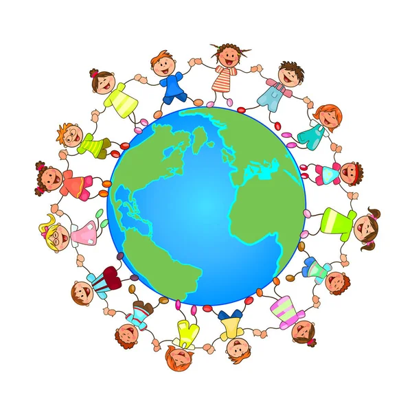 Children Globe Children Holding Each Other Hands Group Cheerful Smiling — Stock Vector