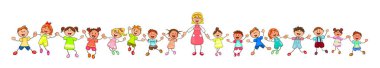 Neşeli küçük çocuklar ve bir öğretmen. Bir grup çocuk ve bir öğretmen yürüyüş yapıyor. Beyaz bir arka planda gülümseyen bir grup çocuk. Çizgi film neşeli çocukları. Bir grup mutlu, gülümseyen çocuk..                                                 