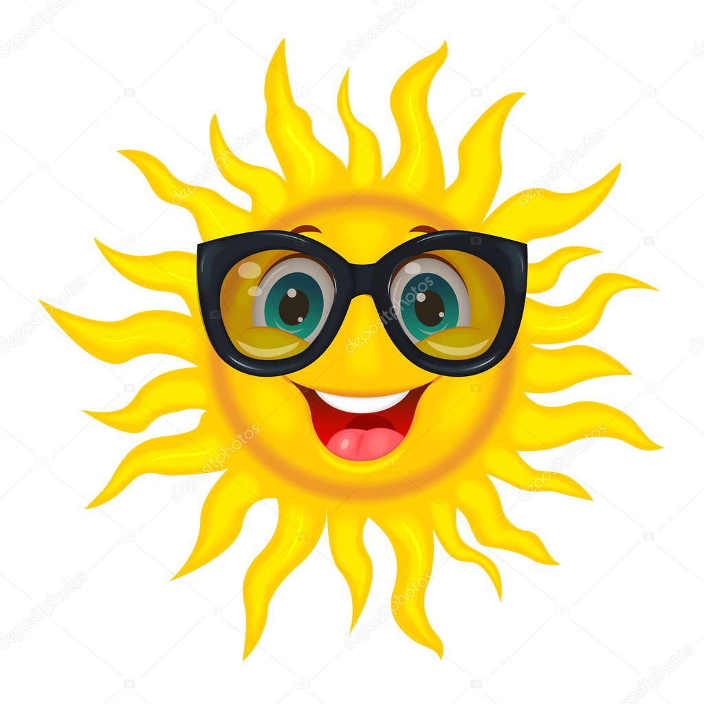 A merry cartoon sun in protective glasses from the sun. A cheerful cartoon sun on a white background.                                                                                                                                                     