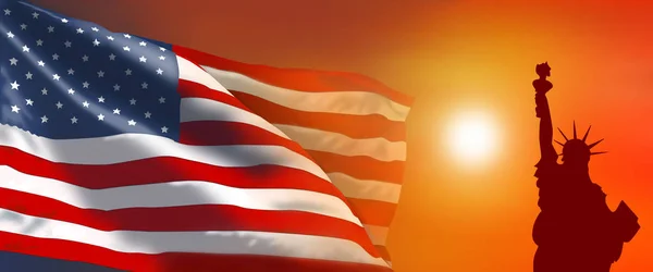 Americká Vlajka Socha Svobody Při Západu Slunce Americká Vlajka Slunce — Stock fotografie