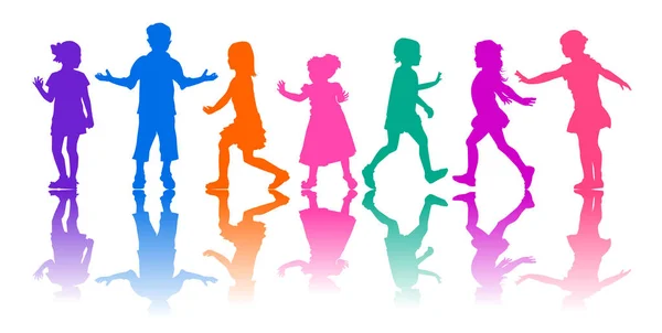 Χρωματιστές Σιλουέτες Παιδιών Λευκό Φόντο Μικρά Παιδιά Κίνηση Παιδιά Είναι — Διανυσματικό Αρχείο