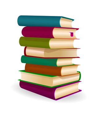 Kitaplar üst üste dizildi. Beyaz arkaplanda bir yığın kitap.     