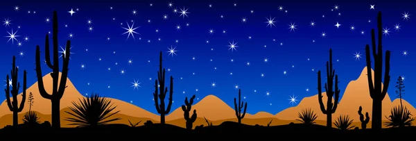 A stony desert at night. Desert landscape, night scene. Desert with cactuses against the background of the night starry sky.