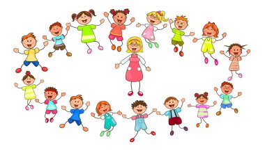 Neşeli küçük çocuklar ve bir öğretmen. Bir grup çocuk ve bir öğretmen yürüyüş yapıyor. Beyaz bir arka planda gülümseyen bir grup çocuk. Çizgi film neşeli çocukları. Bir grup mutlu, gülümseyen çocuk..                                                 