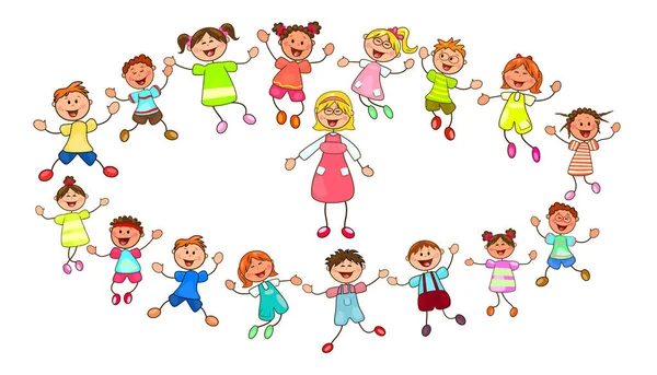 Neşeli küçük çocuklar ve bir öğretmen. Bir grup çocuk ve bir öğretmen yürüyüş yapıyor. Beyaz bir arka planda gülümseyen bir grup çocuk. Çizgi film neşeli çocukları. Bir grup mutlu, gülümseyen çocuk..                                                 