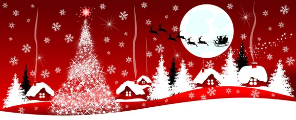 Banner Rojo Navideño Escena Nocturna Unas Vacaciones Navidad Sobre Fondo — Vector de stock