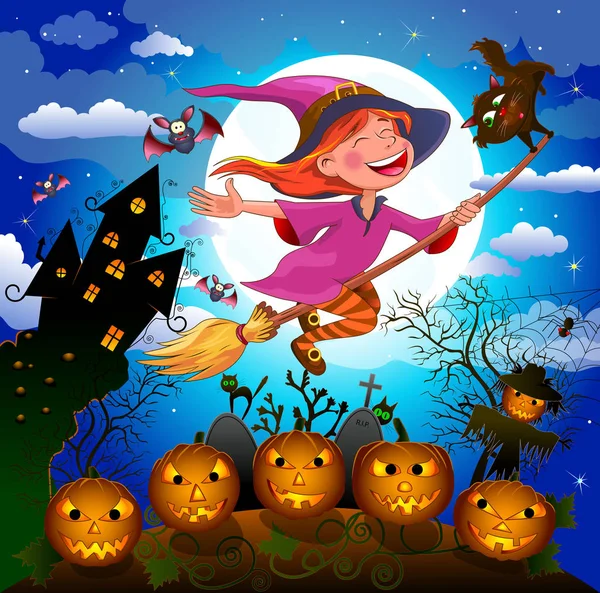 Halloween Éjszaka Egy Kis Boszorkány Repül Seprű — Stock Vector