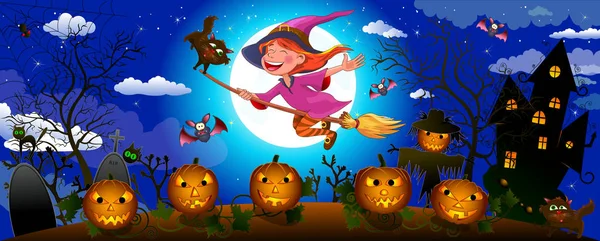 Noite Halloween Uma Bruxa Voa Numa Vassoura Bruxinha Alegre Voando —  Vetores de Stock