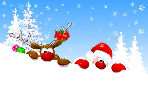 Kışın Noel Baba ve geyik, karla kaplı köknar ağaçlarının arka planında. Noel Baba ve kırmızı burunlu bir geyik. 