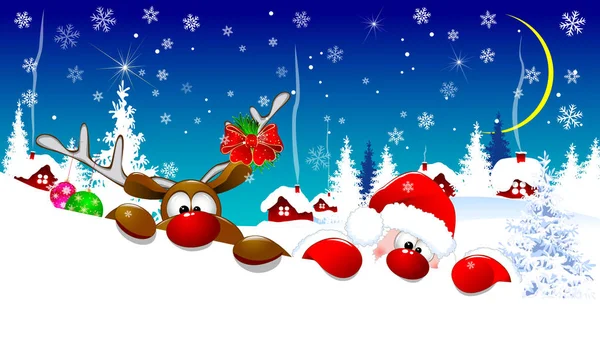 圣诞老人和一头鹿站在白雪覆盖的村子里 在一个冬夜 圣诞老人和一只红鼻子的鹿站在村子 树木和雪的背景下 — 图库矢量图片