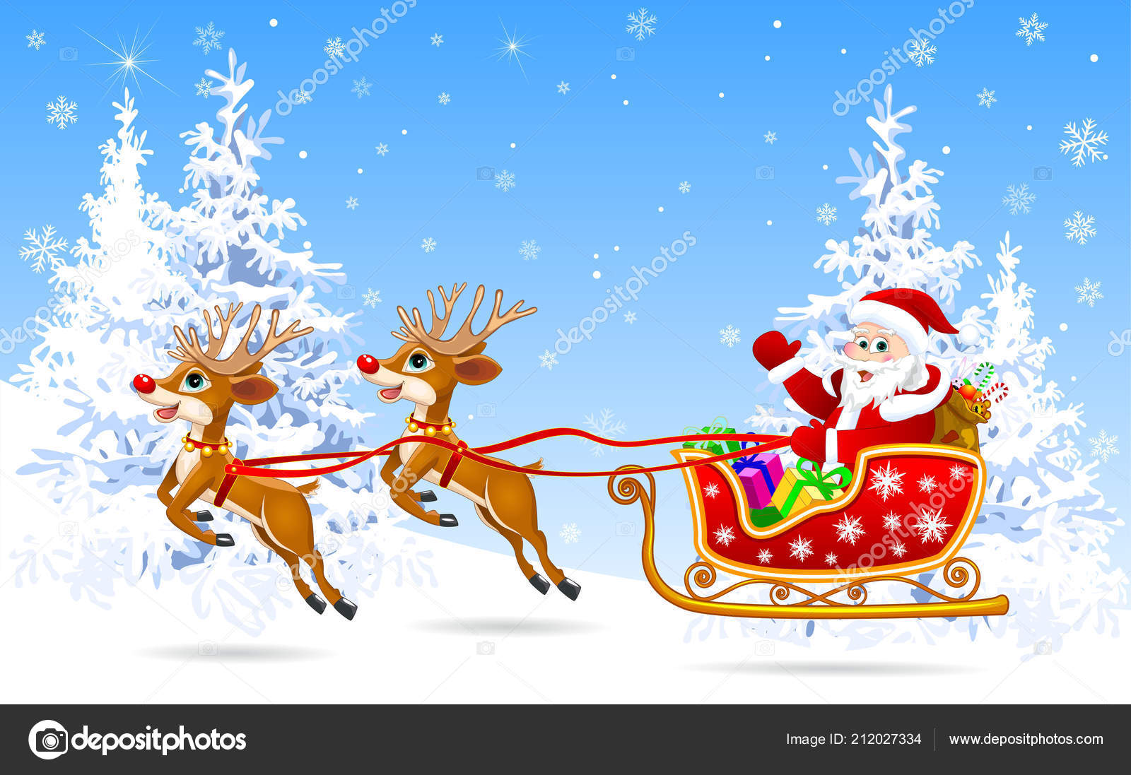 Image vectorielle Père Noël Cerfs Dans Forêt D'hiver Veille Noël Père Noël  par ©liole - 212027334, image size:1600x1097