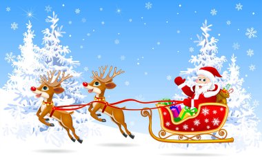 Noel Baba ve Noel arifesinde kış ormandaki geyik. Noel Baba geyik tarafından harnessed onun kızak üzerinde. Noel Baba hediye ile 