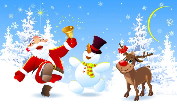圣诞老人 鹿鲁道夫和雪人在冬天的森林里 圣诞前夕快乐的圣诞老人 鹿和雪人都很快乐 圣诞的喜悦 — 图库矢量图片