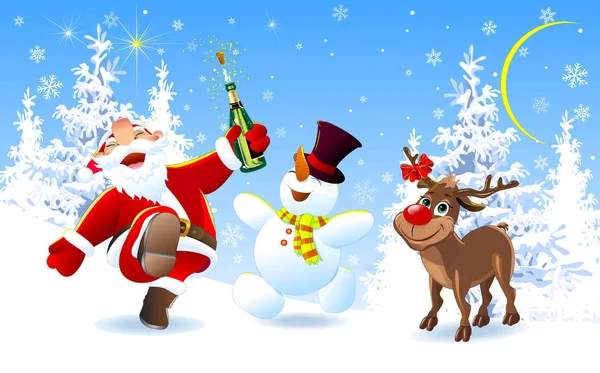 圣诞老人 鹿鲁道夫和雪人在冬天的森林里 圣诞前夕快乐的圣诞老人 鹿和雪人都很快乐 圣诞的喜悦 — 图库矢量图片