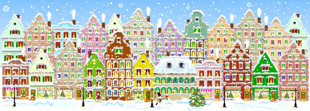 City street in winter. Christmas Eve. The winter vacation. The houses are covered with snow. Snow on a city street. Houses decorated before the winter holidays.  Snow-covered city street.                                                               
