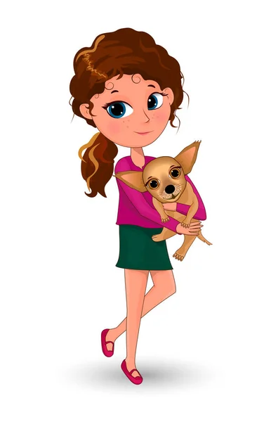 少女はその犬を手に持っている 女の子が犬を抱きかかえている — ストックベクタ