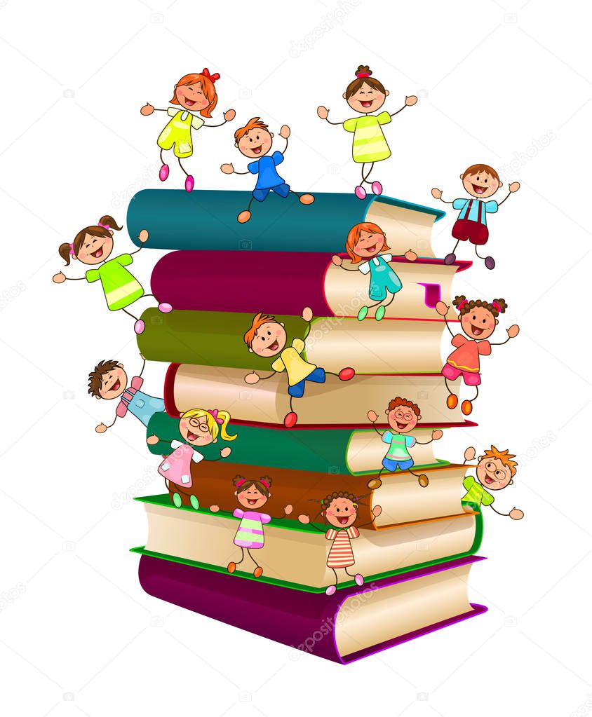 The children are on a stack of books. Children and books on a white background.                                                                                                                                                                           