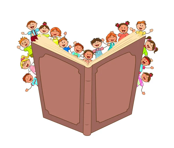 Crianças Dos Desenhos Animados Lêem Grande Livro Crianças Livro Fundo — Vetor de Stock