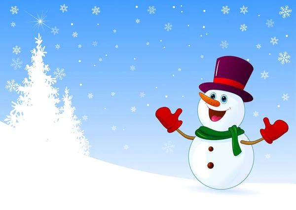 Een Sneeuwpop Met Hoed Verwelkomt Een Winterse Achtergrond Sneeuwman Een — Stockvector