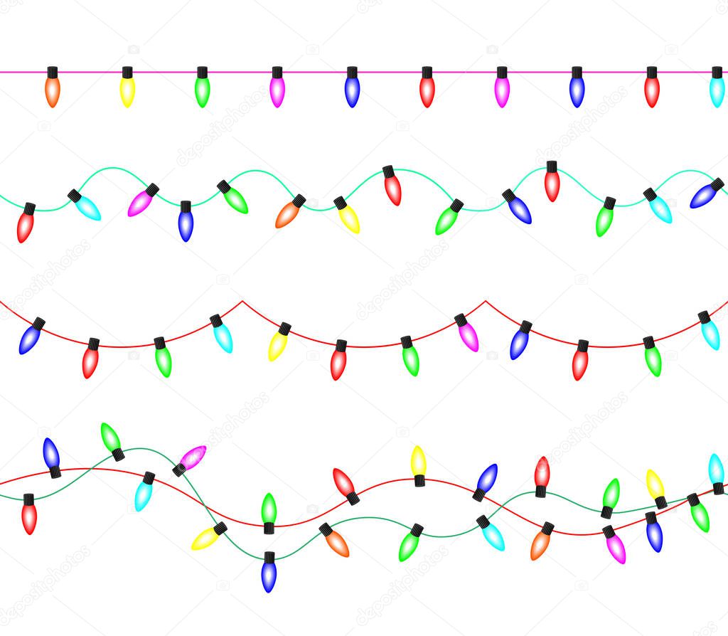 Garland of bright glowing christmas lights. Seamless border from a garland of bulbs.         