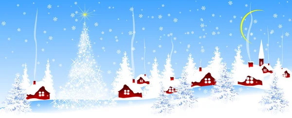 Pueblo Cubierto Nieve Contra Cielo Azul Banner Azul Navidad — Vector de stock