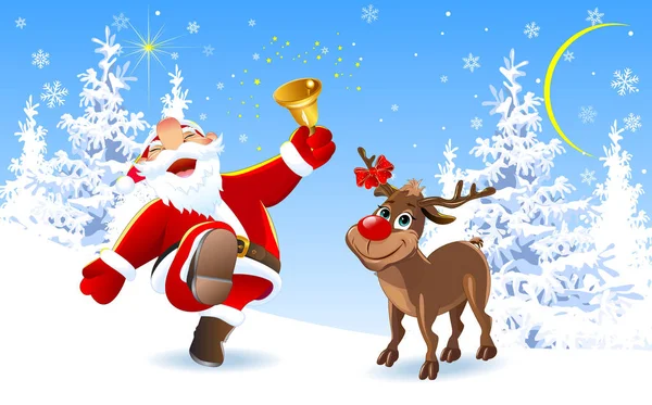 快乐的圣诞老人和驯鹿 — 图库矢量图片