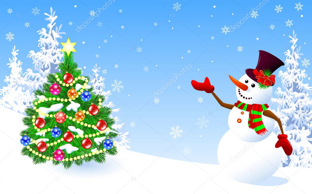 A snowman in a hat welcomes on a winter background. Snowman on a background of fir-trees and snowflakes.                                                                                                                                                  